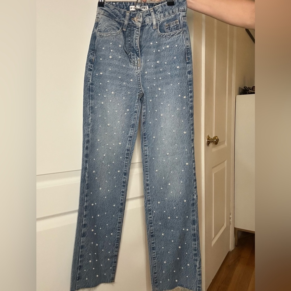 New Zara Distressed Blue Jeans with Pearl Details